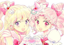 Rule 34 | 2girls, :d, asahina mirai, bad id, bad pixiv id, bishoujo senshi sailor moon, blonde hair, bow, brooch, character name, chibi usa, choker, color connection, cone hair bun, cosplay, costume switch, crescent, crescent earrings, crossover, cure miracle, cure miracle (cosplay), double bun, earrings, female focus, gloves, hair bow, hair bun, hair ornament, hairpin, half updo, hat, heart, heart brooch, heart hands, heart hands duo, jewelry, long hair, looking at viewer, magical girl, mahou girls precure!, mini hat, mini witch hat, multiple girls, open mouth, pink bow, pink eyes, pink hair, pink hat, ponytail, precure, puffy sleeves, purple eyes, red bow, sailor chibi moon, sailor chibi moon (cosplay), sailor collar, saki (hxaxcxk), short hair, smile, sparkle, super sailor chibi moon, super sailor chibi moon (cosplay), twintails, upper body, white background, white gloves, witch hat