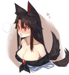 Rule 34 | 1girl, @ @, animal ear fluff, animal ears, bad id, bad pixiv id, bare shoulders, blush, breasts, breath, brooch, brown background, brown hair, cleavage, collarbone, commentary request, cropped torso, dress, drooling, hair between eyes, heart, imaizumi kagerou, jewelry, large breasts, long hair, mouth drool, nose blush, off-shoulder dress, off shoulder, open mouth, red eyes, sidelocks, solo, suminagashi, sweat, tail, tail wagging, touhou, two-tone background, upper body, white background, white dress, wolf ears, wolf tail