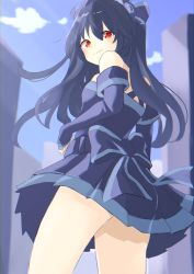 Rule 34 | absurdres, bare shoulders, black hair, dress, gloves, hair ornament, hairclip, highres, long hair, neptune (series), red eyes, ribbon, shibumingai, skirt, smile, thighs, tsundere, twintails, two side up, uni (neptunia)