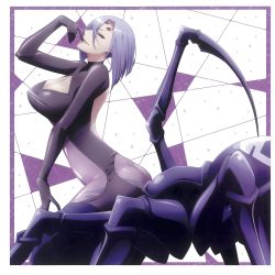 Rule 34 | 10s, 1girl, album cover, arachne, arthropod girl, ass, backless outfit, breasts, butt crack, cleavage, cleavage cutout, clothing cutout, cover, extra eyes, female focus, finger to mouth, from side, highres, insect girl, large breasts, light purple hair, looking at viewer, monster girl, monster musume no iru nichijou, multiple legs, official art, parted lips, rachnera arachnera, red eyes, short hair, smile, smirk, solo, spider girl, striped, striped background, taur