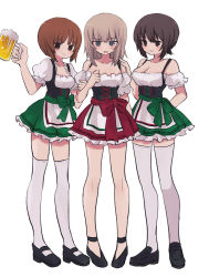 Rule 34 | 3girls, absurdres, alcohol, ankle strap, arms behind back, beer, beer mug, blue eyes, blush, breasts, brown eyes, brown hair, cleavage, cup, dirndl, dress, frown, german clothes, girls und panzer, grey hair, highres, holding, holding another&#039;s arm, holding cup, itsumi erika, large breasts, loafers, mary janes, mug, multiple girls, nishizumi maho, nishizumi miho, off-shoulder dress, off shoulder, puffy short sleeves, puffy sleeves, ri (qrcode), shoes, short sleeves, smile, sweat, thighhighs, underbust, v-shaped eyebrows
