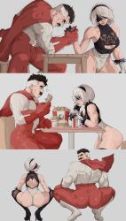 Rule 34 | 1boy, 1girl, 2b (nier:automata), ass, bare shoulders, black hair, bodysuit, boots, breasts, burger, cape, drinking straw, eating, facial hair, food, french fries, fried chicken, grey background, grey eyes, high heel boots, high heels, invincible (series), kfc, large breasts, looking back, multicolored hair, mustache, nier (series), omni-man, simple background, squatting, underboob, white hair, yoracrab