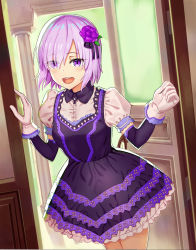 Rule 34 | 1girl, :d, alternate costume, black ribbon, cowboy shot, detached sleeves, dress, eyes visible through hair, fate/grand order, fate (series), flower, frilled dress, frills, gloves, hair flower, hair ornament, hair over one eye, hair ribbon, indoors, mash kyrielight, open door, open mouth, purple dress, purple eyes, purple flower, purple hair, purple rose, ribbon, rose, short dress, short hair, short sleeves, smile, solo, standing, wgdnmbdflrykqoq, white gloves