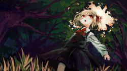 Rule 34 | 1girl, ascot, blonde hair, forest, hair ribbon, md5 mismatch, nature, open mouth, red eyes, resized, resolution mismatch, ribbon, rumia, short hair, solo, source larger, touhou, tree, yunuki uta