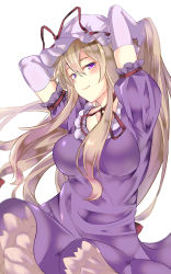 Rule 34 | 1girl, arms up, blonde hair, blush, breasts, doitsuudon, dress, elbow gloves, frilled dress, frills, gloves, hat, hat ribbon, highres, long hair, looking at viewer, medium breasts, mob cap, out-of-frame censoring, puffy short sleeves, puffy sleeves, purple dress, purple eyes, red ribbon, ribbon, short sleeves, simple background, smile, solo, touhou, white background, yakumo yukari