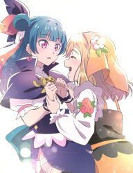 Rule 34 | 2girls, :d, absurdres, back bow, black scrunchie, blue bow, blue hair, blunt bangs, bow, bracelet, capelet, closed eyes, earrings, feather hair ornament, feathers, genjitsu no yohane, hair bun, hair ornament, hanamaru (genjitsu no yohane), heart, heart earrings, highres, jewelry, lens flare, light brown hair, long hair, long sleeves, looking at another, love live!, love live! sunshine!!, multiple girls, open mouth, profile, purple capelet, purple feathers, red eyes, red feathers, scrunchie, shirt, short sleeves, smile, vorupi, white background, white shirt, wrist scrunchie, yohane (genjitsu no yohane)