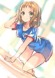 Rule 34 | 10s, 1girl, 2014 fifa world cup, absurdres, adjusting hair, all fours, arm support, brown hair, facial tattoo, flag, green eyes, highres, japan, japanese flag, kame^^, kira tsubasa, looking at viewer, love live!, love live! school idol project, short hair, smile, soccer uniform, sportswear, tattoo, world cup