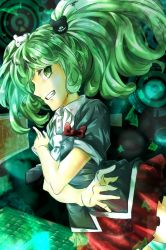 Rule 34 | 1girl, alternate breast size, alternate costume, alternate hair length, alternate hairstyle, bear hair ornament, black shirt, bow, bowtie, child, collared shirt, computer, monitor, cosplay, crossed arms, danganronpa (series), danganronpa 3 (anime), graph, green eyes, green hair, green lightning, grin, hair ornament, keyboard (computer), long hair, matching hair/eyes, necktie, outstretched finger, outstretched hand, pleated skirt, profile, red bow, red skirt, shirt, skirt, smile, teeth, thighs, towa monaca, twintails, upper body, white trim