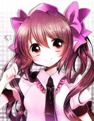 Rule 34 | 1girl, arm up, bad id, bad pixiv id, blouse, blush, bow, breasts, checkered background, female focus, gradient background, gradient hair, hair bow, hand in own hair, hat, head tilt, himekaidou hatate, looking at viewer, multicolored hair, necktie, pointy ears, puffy short sleeves, puffy sleeves, red eyes, sanotsuki, shirt, short hair, short sleeves, smile, solo, star (symbol), tokin hat, touhou, twintails, upper body