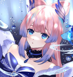 Rule 34 | 1girl, :o, absurdres, bare shoulders, blue bow, blue hair, bow, chinese commentary, choker, colored tips, commentary, detached sleeves, genshin impact, highres, hime cut, jewelry, lace, long hair, multicolored hair, pink hair, purple eyes, ram (404272725), sangonomiya kokomi, solo, underwater, vision (genshin impact)