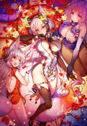 Rule 34 | 3girls, age of ishtaria, animal ear fluff, animal ears, ass, bare shoulders, black gloves, black hair, black pantyhose, black thighhighs, blush, braid, breasts, china dress, chinese clothes, cleavage, cleavage cutout, closed mouth, clothing cutout, copyright notice, dress, elbow gloves, fang, flower, fox ears, fox girl, fox tail, gloves, grey hair, hair ornament, highres, izuna (age of ishtaria), kuzunoha (age of ishtaria), large breasts, lying, multicolored hair, multiple girls, munlu (wolupus), official art, open mouth, orange eyes, pantyhose, parted lips, pelvic curtain, purple dress, red dress, red eyes, red flower, red rose, rose, seimei (age of ishtaria), star (symbol), star hair ornament, tail, thighhighs, unaligned breasts, white dress, white flower, white gloves, white rose