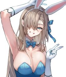 Rule 34 | 1girl, animal ears, arm up, asuna (blue archive), asuna (bunny) (blue archive), asymmetrical bangs, blue archive, blue bow, blue bowtie, blue eyes, blue leotard, bow, bowtie, breasts, cleavage, commentary request, detached collar, elbow gloves, fake animal ears, gloves, hair bow, hair over one eye, large breasts, leotard, light brown hair, long hair, mole, mole on breast, official alternate costume, rabbit ears, shionty, simple background, smile, solo, strapless, strapless leotard, traditional bowtie, upper body, v, white background, white gloves