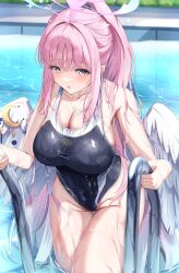 Rule 34 | 1girl, :o, absurdres, blue archive, blush, breasts, cleavage, collarbone, enoha, feathered wings, groin, halo, highres, large breasts, looking at viewer, mika (blue archive), official alternate costume, pink hair, ponytail, pool, pool ladder, school swimsuit, sidelocks, solo, swimsuit, thighs, trinity general school swimsuit, two-tone one-piece swimsuit, water drop, white wings, wings, yellow eyes
