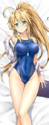 Rule 34 | 1girl, ahoge, blonde hair, blush, breasts, competition swimsuit, covered navel, gluteal fold, green eyes, highres, koyuki (kotatsu358), large breasts, looking at viewer, lying, on side, one-piece swimsuit, original, ponytail, solo, swimsuit, swimsuit under clothes, thigh gap, weapon, whistle, whistle around neck