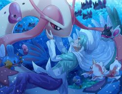 Rule 34 | 1boy, aqua eyes, aqua hair, bubble, cape, creatures (company), eye contact, finneon, game freak, gen 1 pokemon, gen 3 pokemon, gen 4 pokemon, goldeen, hand on another&#039;s cheek, hand on another&#039;s face, hat, looking at another, luvdisc, milotic, mudkip, nintendo, pants, parted lips, piplup, pokemoa, pokemon, pokemon (creature), pokemon emerald, pokemon rse, purple pants, short hair, smile, teeth, underwater, wallace (pokemon), white cape, white headwear