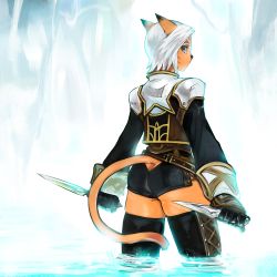 Rule 34 | 00s, 1girl, animal ears, ass, blue eyes, cat ears, cat girl, cat tail, clothing cutout, cowboy shot, dagger, doraeshi, dual wielding, final fantasy, final fantasy xi, from behind, holding, knife, looking at viewer, looking back, mithra (ff11), outdoors, short hair, shorts, solo, standing, tail, tail through clothes, thighhighs, thighs, wading, water, weapon, white hair