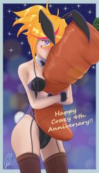 Rule 34 | 1girl, absurdres, animal ears, ass, blonde hair, blush, bow, bowtie, breasts, carrot, gado soulsilver, heart, heart tattoo, highres, hug, leather, leotard, looking down, medium breasts, multicolored hair, muse dash, night, night sky, one eye covered, playboy bunny, ponytail, purple eyes, rabbit ears, rabbit tail, rin, rin (bunny), sky, star (sky), starry sky, stuffed toy, tattoo, tattoo on cheek, thighhighs, wristband