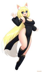 Rule 34 | absurdres, alice (flanaki), animal ear fluff, animal ears, bare shoulders, blonde hair, blue eyes, breasts, cleavage cutout, clothing cutout, commission, detached sleeves, eyes visible through hair, fang, fox ears, full body, hair between eyes, highres, kuroonehalf, large breasts, long hair, no panties, open mouth, original, pelvic curtain, solo, very long hair, waving, white background