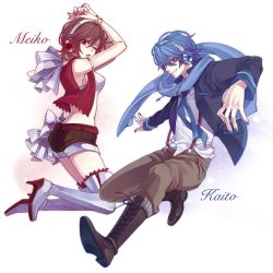 Rule 34 | 1boy, 1girl, blue eyes, blue hair, blue scarf, boots, bracelet, brown eyes, brown hair, character name, headphones, jewelry, kaito (vocaloid), meiko (vocaloid), nail polish, scarf, short hair, shorts, simple background, smile, thigh boots, thighhighs, vocaloid, yamako (state of children)
