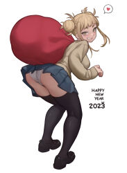 Rule 34 | 1girl, 2023, absurdres, ass, black footwear, black thighhighs, blonde hair, blue skirt, blush, boku no hero academia, breasts, double bun, from behind, grin, hair bun, happy new year, heart, highres, holding, holding sack, large breasts, lentiyay, looking at viewer, looking back, messy hair, new year, panties, sack, skirt, smile, solo, spoken heart, standing, sweater, thighhighs, toga himiko, underwear, white panties