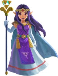 Rule 34 | 1girl, absurdres, armor, cape, dress, earrings, elbow gloves, eyeshadow, forehead jewel, full body, gloves, highres, jewelry, lipstick, long dress, long hair, makeup, nintendo, official art, pauldrons, pointy ears, princess hilda, purple hair, purple lips, red eyes, shoulder armor, solo, staff, the legend of zelda, the legend of zelda: a link between worlds, tiara, transparent background, triforce, white gloves