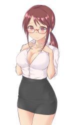 Rule 34 | 1girl, aimobake, black skirt, blush, breasts, brown hair, button gap, cleavage, closed mouth, collarbone, collared shirt, commentary request, cowboy shot, dress shirt, glasses, hands on own chest, hands up, high-waist skirt, highres, idolmaster, idolmaster cinderella girls, large breasts, long hair, looking at viewer, mifune miyu, pencil skirt, ponytail, red-framed eyewear, red eyes, shirt, shirt tucked in, short sleeves, sidelocks, simple background, skirt, solo, standing, thighs, uniform, white background, white shirt