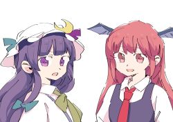 Rule 34 | 2girls, :d, akuma (kishikaisei), blunt bangs, crescent, hat, head wings, highres, koakuma, long hair, looking at viewer, multiple girls, necktie, open mouth, patchouli knowledge, purple eyes, purple hair, red hair, simple background, smile, touhou, white background, wings