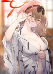 Rule 34 | 1girl, bath yukata, blue archive, blurry, blurry background, blush, bow, breasts, brown hair, chinatsu (blue archive), chinatsu (hot spring) (blue archive), cleavage, closed mouth, collarbone, commentary request, depth of field, elf, fed (giba), glasses, hair between eyes, hair bow, hairband, indoors, japanese clothes, kimono, large breasts, long hair, long sleeves, looking at viewer, naked kimono, navel, open clothes, open kimono, paid reward available, pointy ears, ribbon, smile, solo, steam, upper body, wide sleeves, yellow eyes, yukata
