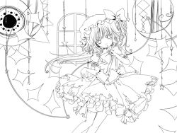 Rule 34 | 1girl, female focus, flandre scarlet, greyscale, hat, monochrome, one side up, solo, torii sumi, touhou, white background, wings, unfinished