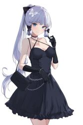Rule 34 | 1girl, absurdres, alternate costume, ayaka (genshin impact), bad id, bad twitter id, bag, black bow, black choker, black dress, black gloves, blue eyes, blue hair, bow, butterfly hair ornament, choker, commentary, cowboy shot, criss-cross halter, dress, feint721, genshin impact, gloves, hair bow, hair ornament, halterneck, hand up, handbag, highres, long hair, looking at viewer, ponytail, sidelocks, simple background, sleeveless, sleeveless dress, smile, solo, standing, symbol-only commentary, very long hair, white background