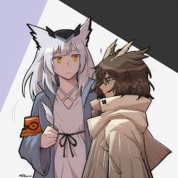 Rule 34 | !, 2girls, arknights, armband, black ribbon, blue coat, brown coat, brown hair, coat, commentary, dlanon, dress, english commentary, feather hair, feathers, female focus, glasses, grey hair, hand up, holding, holding feather, long hair, looking at another, multiple girls, open clothes, open coat, orange eyes, owl ears, parted lips, profile, ptilopsis (arknights), rhine lab logo, ribbon, semi-rimless eyewear, short hair, silence (arknights), twitter username, under-rim eyewear, upper body, white dress