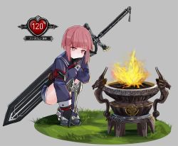 Rule 34 | 10s, 1girl, adapted costume, armband, brazier, brown eyes, brown hair, commentary request, cross, fire, gloves, grey background, head rest, highres, iron cross, kantai collection, long sleeves, ruisento, sailor collar, short hair, simple background, solo, squatting, sword, tera online, weapon, weapon on back, z3 max schultz (kancolle)