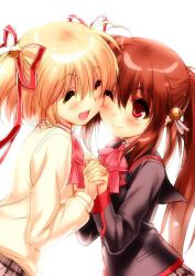 Rule 34 | 2girls, :d, ;), ^ ^, bell, blonde hair, bow, bowtie, brown hair, brown skirt, cheek-to-cheek, closed eyes, cowboy shot, hair bell, hair ornament, hair ribbon, heads together, holding hands, kamikita komari, little busters!, long hair, long sleeves, multiple girls, natsume rin, one eye closed, open mouth, pink bow, plaid, plaid skirt, ponytail, red bow, red bowtie, red eyes, ribbon, school uniform, short hair, simple background, skirt, smile, two side up, white background, zen