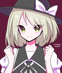 Rule 34 | 1girl, black hat, black vest, blonde hair, blouse, blush, bow, clenched hand, clenched hands, closed mouth, collared vest, fedora, happy, hat, hat bow, kumeri0804, looking at viewer, puffy short sleeves, puffy sleeves, red background, shirt, short hair, short sleeves, simple background, smile, solo, touhou, touhou (pc-98), upper body, v-shaped eyebrows, vest, white bow, white shirt, yellow eyes, yuki (touhou)