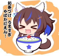 Rule 34 | &gt; &lt;, 1girl, :d, animal ears, blue hair, blush stickers, bowl, brown hair, chibi, chopsticks, daitaku helios (umamusume), fang, food, food on face, food request, gomashio (goma feet), hair ornament, hairclip, holding, holding chopsticks, horse ears, horse girl, horse tail, multicolored hair, open mouth, orange background, outline, rice, rice on face, side ponytail, smile, solo, star (symbol), star hair ornament, streaked hair, tail, translation request, two-tone background, umamusume, white background, white outline, xd