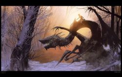 Rule 34 | 2boys, creature, dragon, fangs, fantasy, forest, horns, knife, lake, leash, monster, multiple boys, nature, randis, riding, scenery, snow, sunset, tree, wings, winter