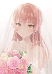 Rule 34 | 1girl, bouquet, bridal veil, bride, closed mouth, collarbone, dress, earrings, flower, hair between eyes, highres, holding, holding bouquet, idolmaster, idolmaster cinderella girls, jewelry, jougasaki mika, long hair, looking at viewer, necklace, pink flower, pink hair, pink rose, q-v (levia), rose, simple background, smile, snowflake earrings, solo, upper body, veil, wedding dress, white background, yellow eyes