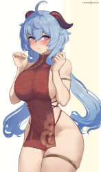 Rule 34 | 1girl, ahoge, armlet, bare shoulders, blue hair, blush, breasts, china dress, chinese clothes, commentary, covered navel, cowboy shot, dress, ganyu (genshin impact), genshin impact, hair between eyes, hands up, highres, hioyami, horns, large breasts, long hair, looking at viewer, pelvic curtain, purple eyes, red dress, sleeveless, sleeveless dress, solo, standing, thick thighs, thighlet, thighs, very long hair
