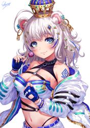 Rule 34 | 1girl, ahoge, animal ears, bare shoulders, black nails, black panties, blue eyes, blue gloves, blue nails, blush, breasts, candy, choker, cleavage, closed mouth, collarbone, commentary request, crop top, crown, earrings, facial mark, fingerless gloves, food, glint, gloves, grey hair, hair ornament, highleg, highleg panties, highres, holding, holding food, hoop earrings, jacket, jewelry, large breasts, lollipop, long hair, looking at viewer, midriff, nail art, nail polish, navel, o-ring, off shoulder, open clothes, open fly, open jacket, original, panties, sakiyamama, shorts, sidelocks, signature, simple background, smile, solo, sparkle, stomach, studded gloves, tattoo, underwear, white background, white shorts