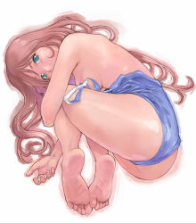Rule 34 | 1girl, ass, barefoot, blue eyes, breasts, brown hair, clothes pull, face, feet, fetal position, full body, long hair, one-piece swimsuit pull, original, plantar flexion, saitani umetarou, sideboob, simple background, soles, solo, swimsuit, thighs, toes