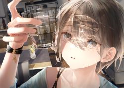 Rule 34 | 1girl, arm up, bra strap, bracelet, brown hair, commentary request, cup, drinking glass, hair between eyes, highres, holding, holding cup, indoors, jewelry, long sleeves, looking away, looking up, nyaon oekaki, original, parted lips, plant, potted plant, revision, shirt, short hair, signature, solo, water