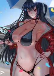 Rule 34 | 1girl, azur lane, bikini, black bikini, black choker, black hair, breasts, choker, day, hand on own hip, highres, holding, holding umbrella, huge breasts, inomaru (2532), jacket, long hair, looking at viewer, multi-strapped bikini bottom, multi-strapped bikini top, official alternate costume, open clothes, open jacket, outdoors, race queen, red eyes, red jacket, solo, stomach, swimsuit, taihou (azur lane), taihou (enraptured companion) (azur lane), umbrella