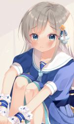 Rule 34 | 1girl, aqua neckwear, blue dress, blue eyes, blue necktie, blush, closed mouth, collarbone, commentary, dress, feet out of frame, furrowed brow, hair ornament, highres, hisakawa hayate, idolmaster, idolmaster cinderella girls, idolmaster cinderella girls starlight stage, layered dress, long hair, matchanear, neckerchief, necktie, pout, sailor collar, short sleeves, sidelocks, silver hair, solo, tareme, tears, white background, white sailor collar, wrist cuffs