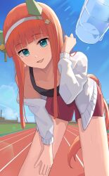 Rule 34 | 1girl, absurdres, animal ears, aqua eyes, bare shoulders, black sports bra, blue eyes, bottle, breasts, chisaku, commentary request, ear covers, hairband, hand on own thigh, highres, hime cut, horse ears, horse girl, horse tail, jacket, jacket partially removed, long hair, long sleeves, orange hair, outdoors, red shorts, running track, shorts, silence suzuka (umamusume), small breasts, smile, solo, solo focus, sports bra, sweat, tail, umamusume, water bottle, white hairband, white jacket