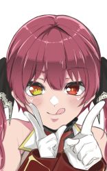 Rule 34 | 1girl, gloves, heterochromia, highres, hololive, houshou marine, index finger raised, panyatteria, portrait, red eyes, red hair, solo, tongue, tongue out, twintails, virtual youtuber, w, white gloves, yellow eyes
