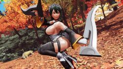 Rule 34 | 1girl, 3d, ass, black hair, black leotard, blue sky, breasts, butterfly swords, curvy, fighting stance, forest, highleg, highleg leotard, highres, holding, holding weapon, iroha (samurai spirits), large breasts, leg lift, leotard, lips, looking to the side, maid, maid headdress, nature, revealing clothes, ryona, samurai spirits, screencap, shiny skin, short hair, sky, smile, snk, solo, standing, standing on one leg, third-party edit, thong leotard, tree, weapon, wide hips