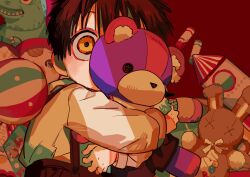 1boy aged_down black_overalls brown_hair child choppy_bangs close-up covered_face covered_mouth crack_of_light crayon crossed_arms hair_between_eyes hanoyuta head_out_of_frame highres holding holding_stuffed_toy hugging_object indoors jibaku_shounen_hanako-kun long_sleeves looking_ahead lying male_focus official_art on_floor on_side one_eye_covered overalls portrait raised_eyebrows red_background shirt short_hair solo stuffed_animal stuffed_toy teddy_bear toy two-handed white_shirt wide-eyed yugi_tsukasa