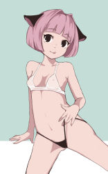 Rule 34 | 1girl, :p, :q, animal ears, bare shoulders, bikini, black eyes, bob cut, breasts, cat ears, cleavage, collarbone, covered erect nipples, green background, highres, iku (wtu6pma7), looking at viewer, original, pink hair, simple background, sketch, small breasts, solo, standing, swimsuit, tongue, tongue out