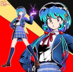 Rule 34 | 1girl, aqua hair, blazer, blue jacket, blue skirt, breasts, brown footwear, character request, collared shirt, commentary request, dress shirt, electricity, electrokinesis, hair bobbles, hair ornament, hand on own hip, hand up, highres, horns, jacket, kneehighs, legs apart, loafers, long hair, long sleeves, looking at viewer, low twintails, lum, neck ribbon, outline, plaid, plaid skirt, pleated skirt, pointy ears, puckered lips, red ribbon, ribbon, shirt, shoes, skirt, socks, standing, star (symbol), star hair ornament, twintails, umeboshiyatura, urusei yatsura, white outline, white shirt, yellow eyes, zoom layer
