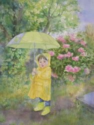Rule 34 | boots, bush, child, flower, grass, highres, looking at viewer, ooy33151086, original, painting (medium), path, pink flower, plant, raincoat, road, traditional media, tree, umbrella, watercolor (medium), yellow raincoat